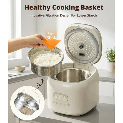 Casualife 3QT Rice Cooker with Starch-Reducing Steamer, 10-in-1 Multicooker with No-Coating Inner Pot and 24-Hour Timer, White