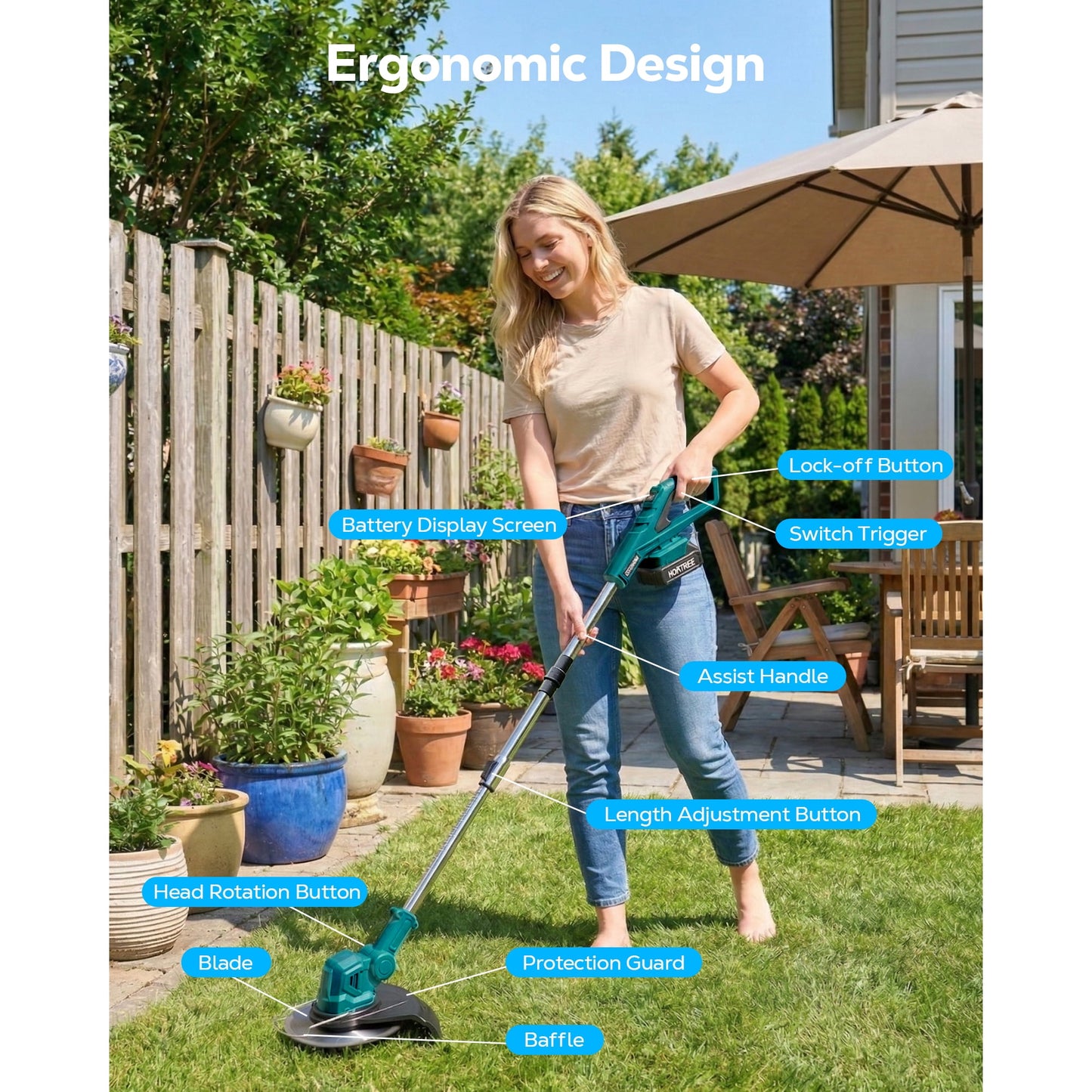 HOTREE 21V Cordless String Trimmer and Edger with 2.0Ah Battery and Charger, Foldable 3-in-1 Weed Wacker and Brush Cutter with Digital Display, Blue