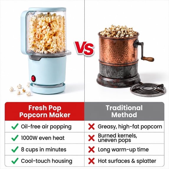 Casualife Hot Air Popcorn Maker, 1200W Oil-Free Popper with Dual-Purpose Serving Bowl, Compact Nesting Storage, Light Blue
