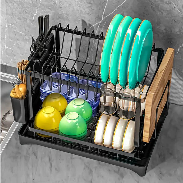 Riousery 2 Tier Dish Racks for Kitchen Counter, Dish Drying Rack with Dish Drainer, Durable Stainless Steel Dish Rack Drain Set with Utensil Holder, Cutting Board Holder, Kitchen Dishes Organizers