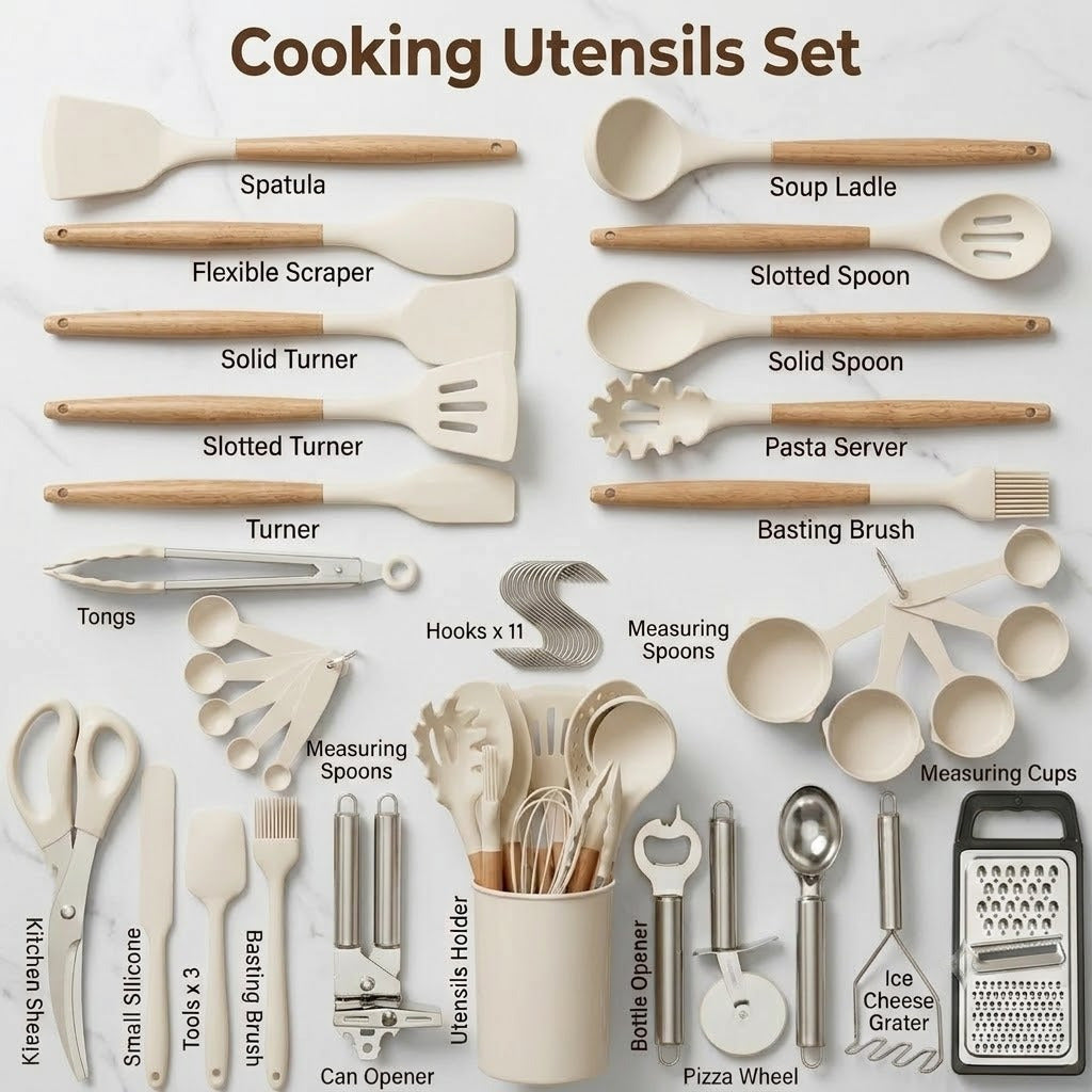M Buder 42 PCS Silicone Cooking Utensil Sets, Kitchen Utensils Set for Nonstick Cookware, 446°F Heat Resistant Spatula Set, BPA Free Kitchen Gadgets Tools with Holder, Beige