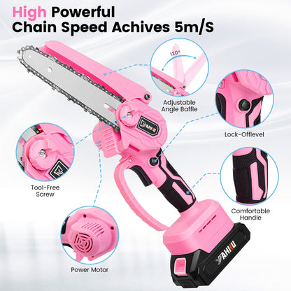 YAHHU 6 inch Lovely Pink Mini Chainsaw, Portable Handheld Electric Cordless Chainsaw,21V Battery,New