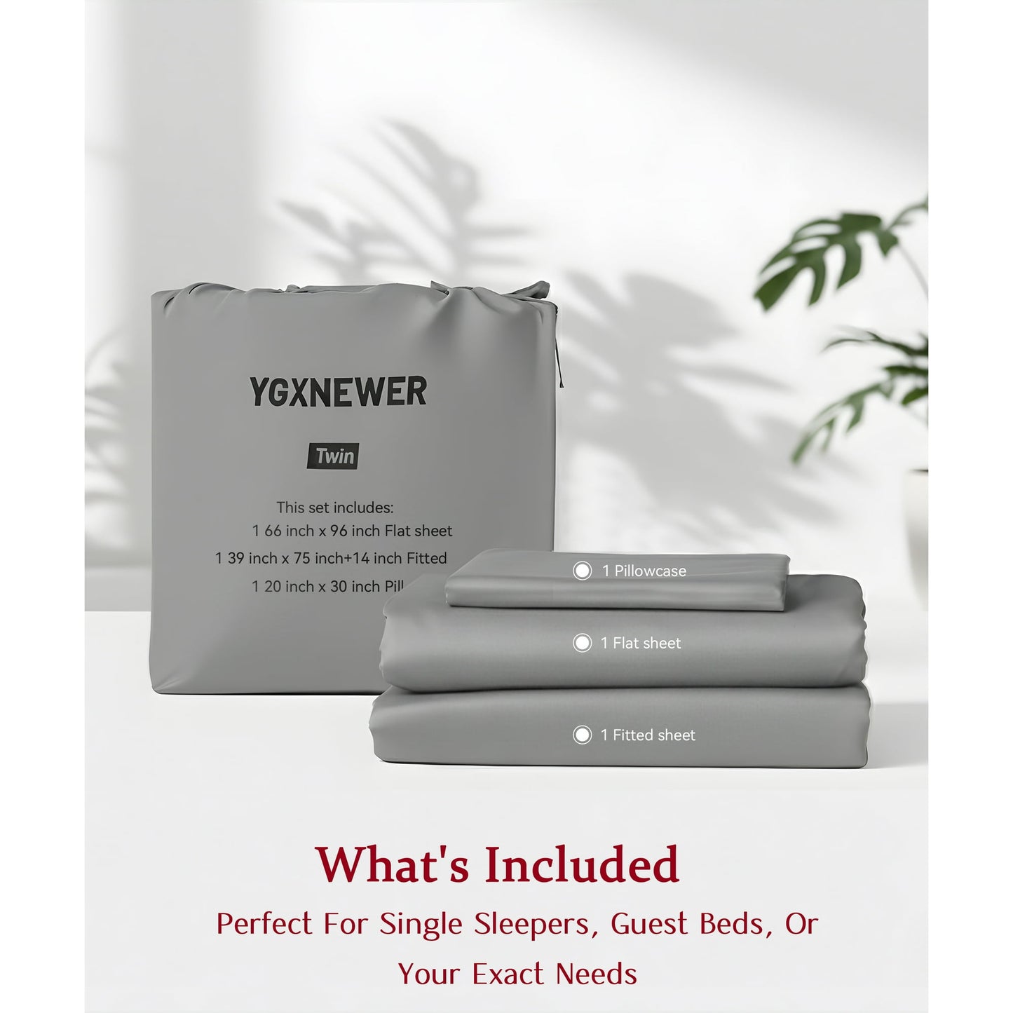 YGXNEWER 3 Pcs Twin Bed Sheet Comfort Set, Soft Breathable Microfiber Sheets, for 14" Deep Mattresses, Pillowcases, Flat Sheet, Fitted Sheet, Gray