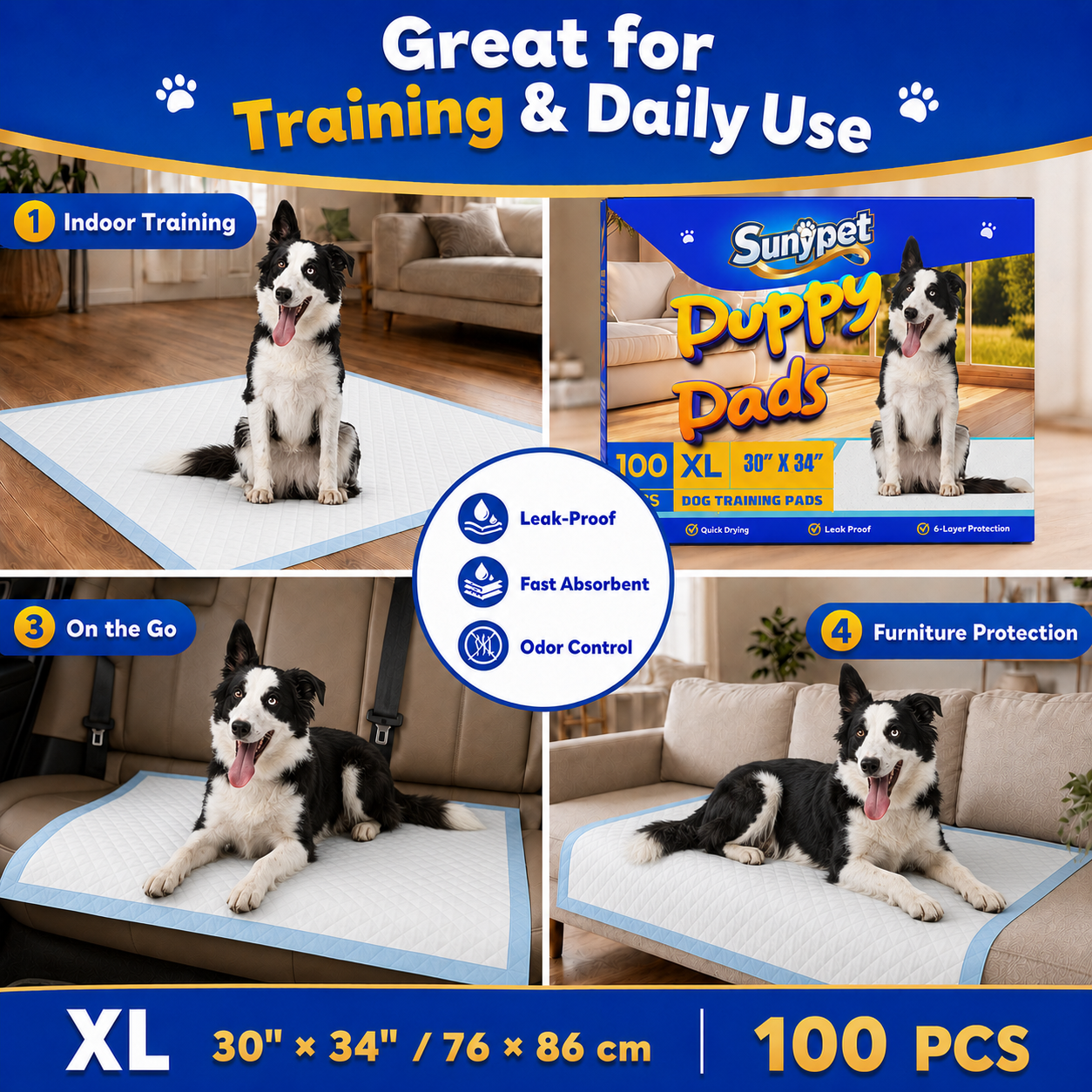 Sunypet Puppy Pads Disposable Dog Potty Training Pads, Quick Dry, Ultra Absorbent, XL 30"x34", 100ct