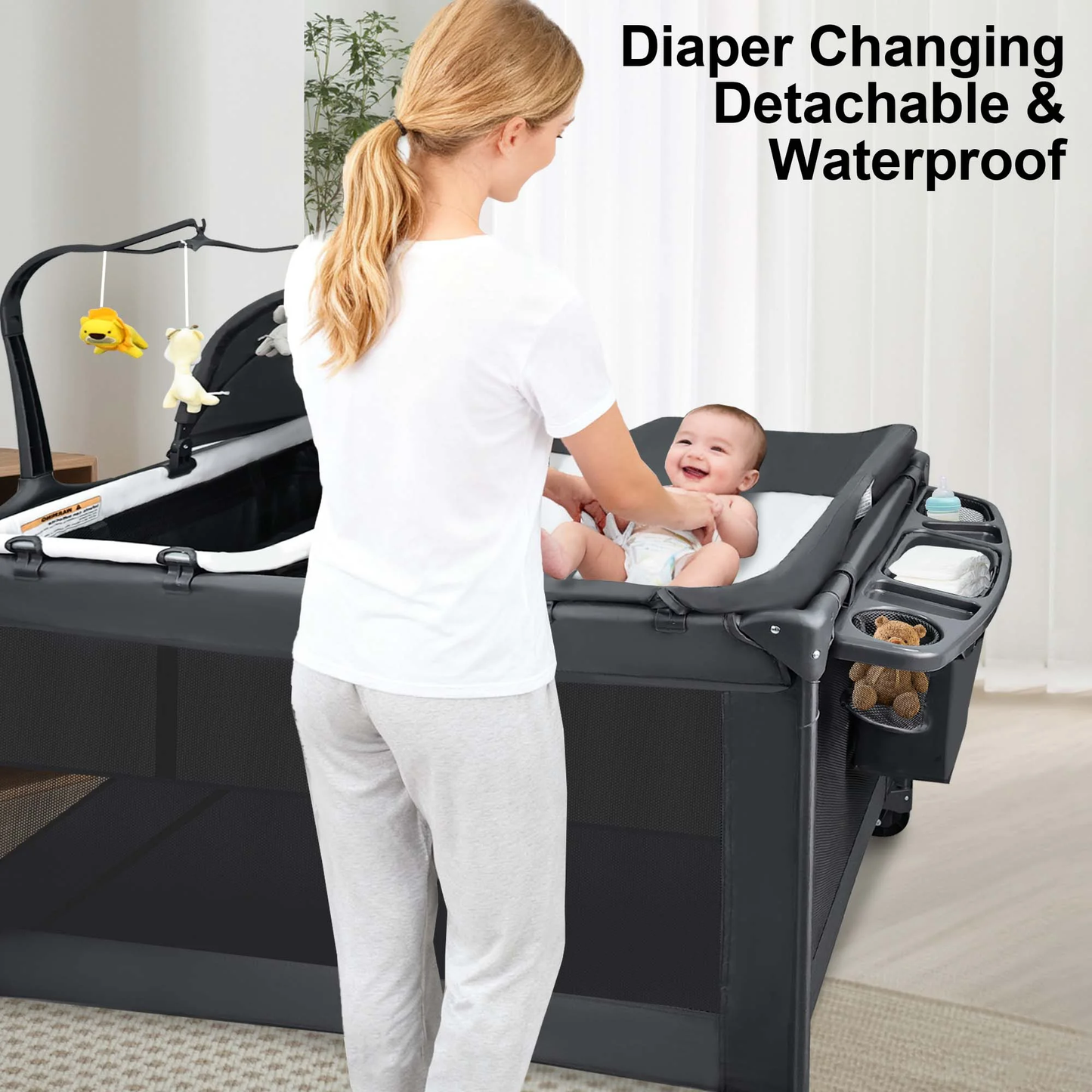 RUPOUN Baby Playards, Foldable Nursery Center Playpen and Toy Mobile, Portable Travel Bassinet, Locking Wheels, Gray