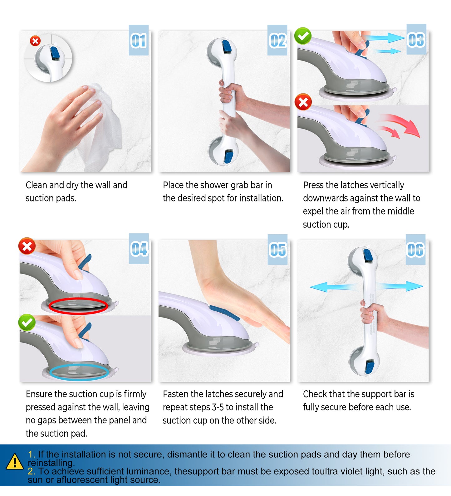 Hodvit 2 Piece 16" Shower Grab Bar, Glow-in-the-Dark Shower Handle with Power Suction Cup Grip for Seniors, Weight Capacity 200 lbs,New