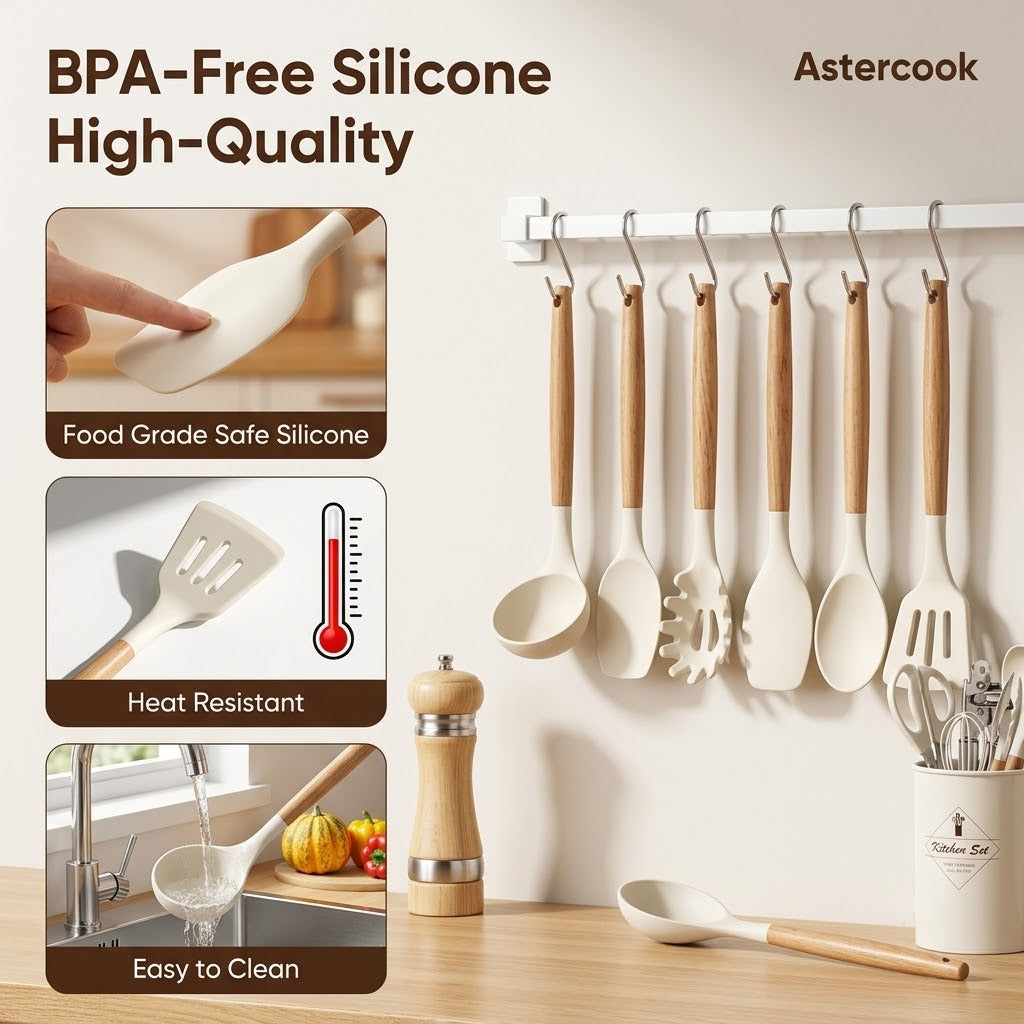M Buder 42 PCS Silicone Cooking Utensil Sets, Kitchen Utensils Set for Nonstick Cookware, 446°F Heat Resistant Spatula Set, BPA Free Kitchen Gadgets Tools with Holder, Beige