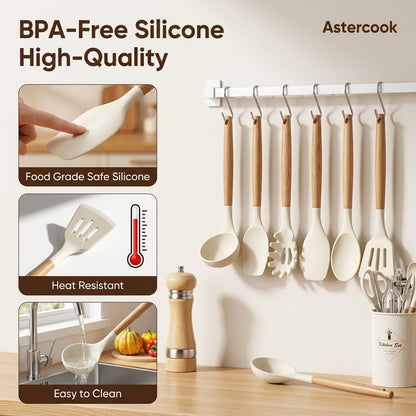 M Buder 42 PCS Silicone Cooking Utensil Sets, Kitchen Utensils Set for Nonstick Cookware, 446°F Heat Resistant Spatula Set, BPA Free Kitchen Gadgets Tools with Holder, Beige