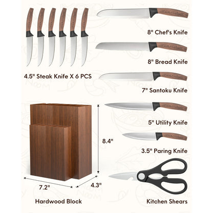Younghome Kitchen Chef Knife Set, 13 Pcs High Carbon Stainless Steel Sharp Knife Set with Block Built-in Sharpener, Razor-Sharp