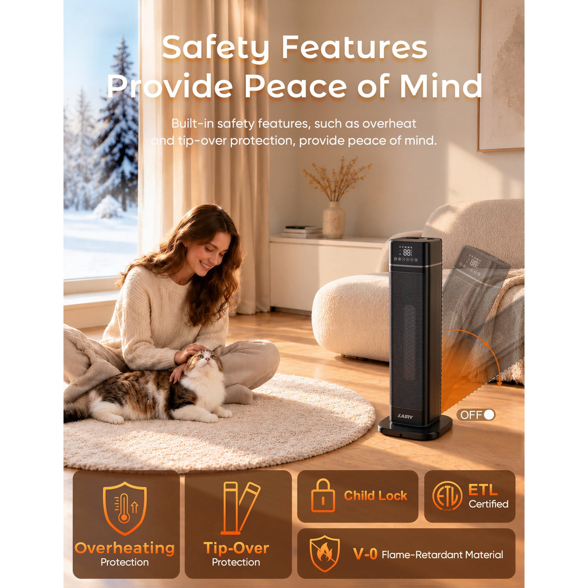 Lairy 24inch 1500W Space Heater for Indoor Use, Electric Ceramic Tower Heaters with Thermostat,3 Modes, Eco, Night Light, Black