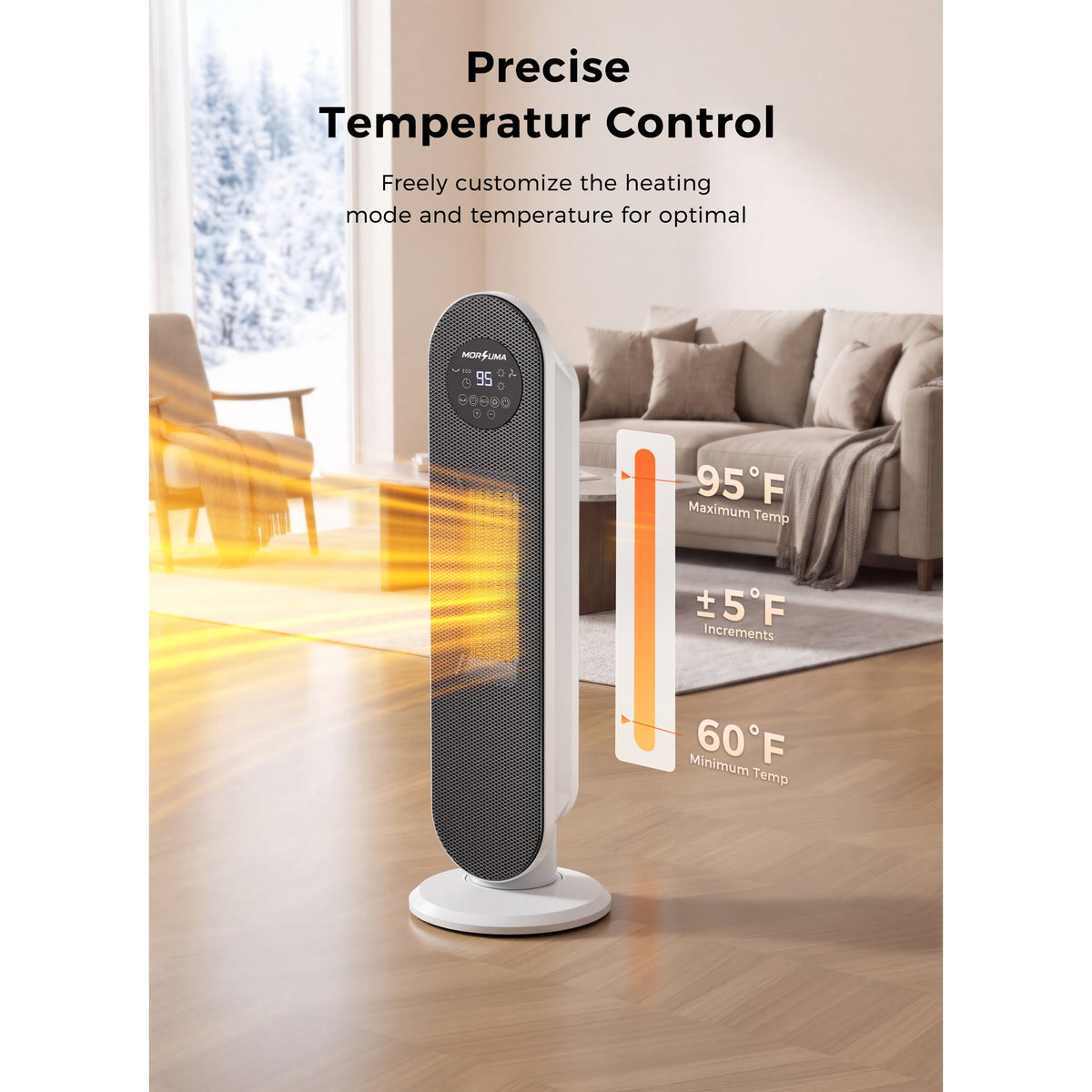 MORSUMA 25" White Tower Heater with Remote Control, 1500W PTC Electric Space Heater with ECO Mode, LED Display, Timer and Adjustable Thermostat for Home Office Bedroom