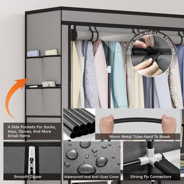 Riousery Portable Closet, 83 Inch Wardrobe Closet for Hanging Clothes 10 Storage Organizer Shelves, Grey