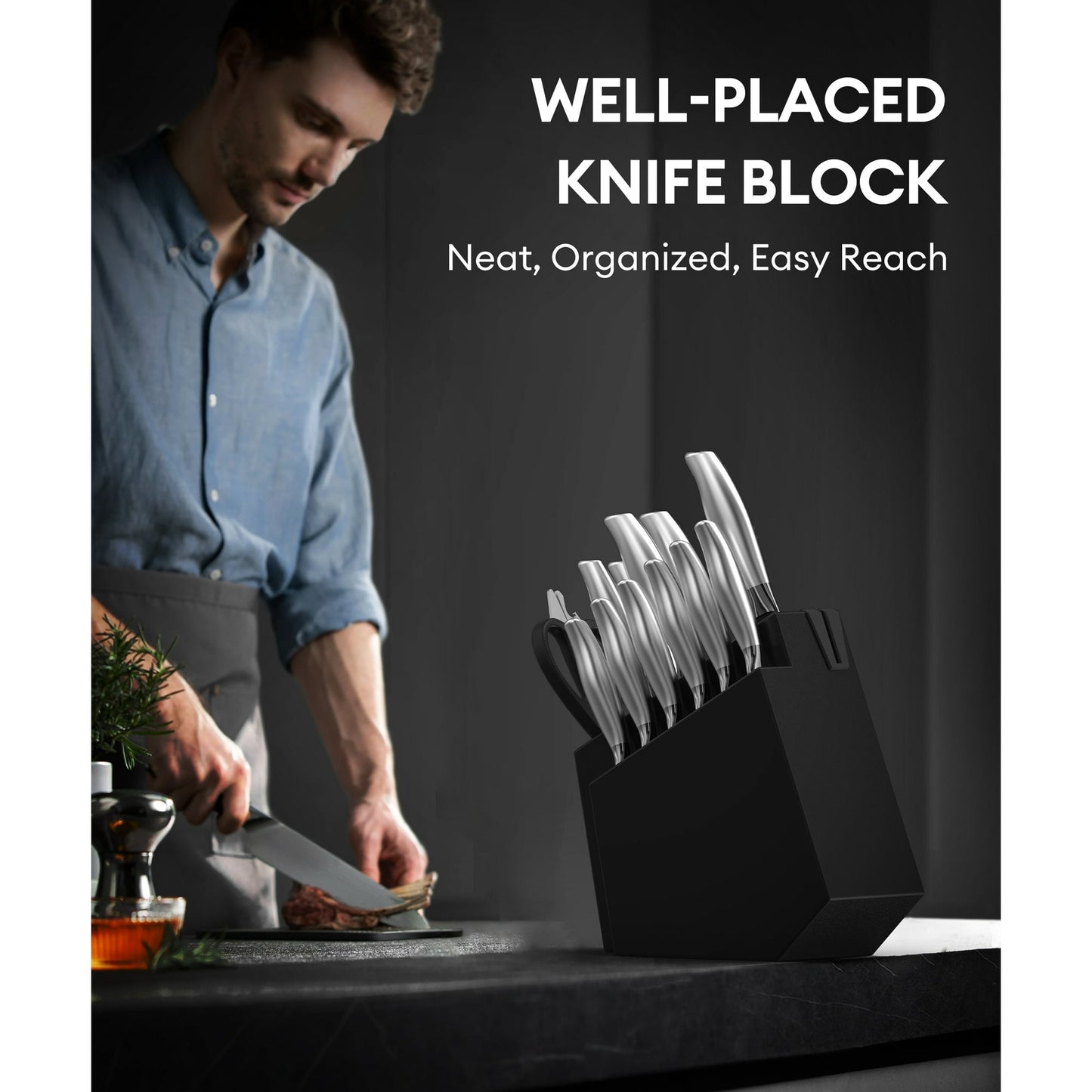 Younghome 14 Pcs Sharp Knife Set with Block Built-in Sharpener,Ergonomic Handle,Kitchen Chef Knives