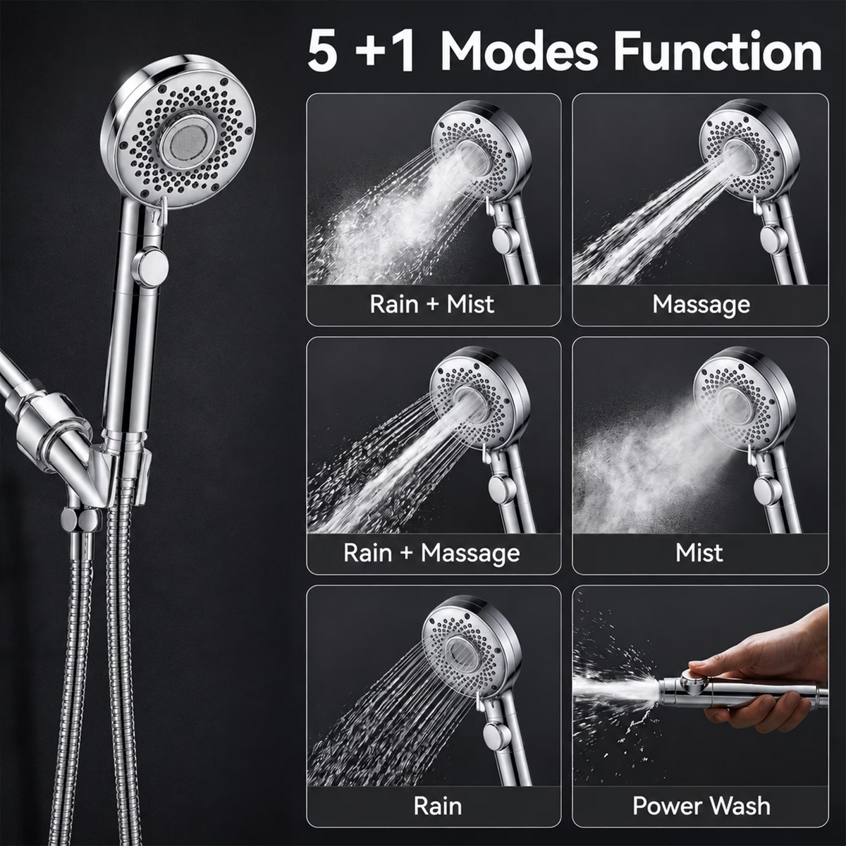 LZSDS 6-Setting High Pressure Handheld Shower Head with Pause Button, Chrome