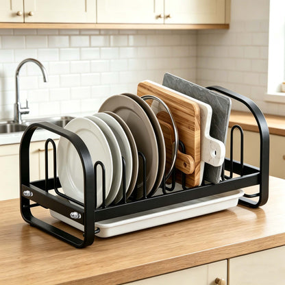 Riousery Dish Drying Rack with Drainboard, Compact Stainless Steel Dish Drainer for Small Kitchen Counter, 14.2" x 6.9" x 6.1", Black