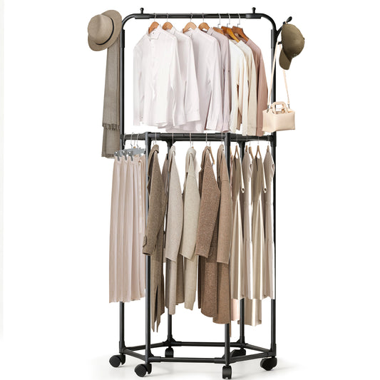 WEENEED Rolling Garment Rack with Wheels, Double-Layer Rotating Clothes & Coat Organizer with Hat Hooks, Multi-Functional Clothing Storage for Bedroom or Closet