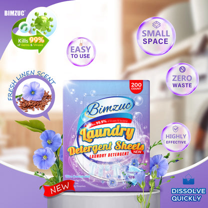 BIMZUC 200 Count Laundry Detergent Sheets up to 400 Loads, Fresh Linen Scent, Great for Travel