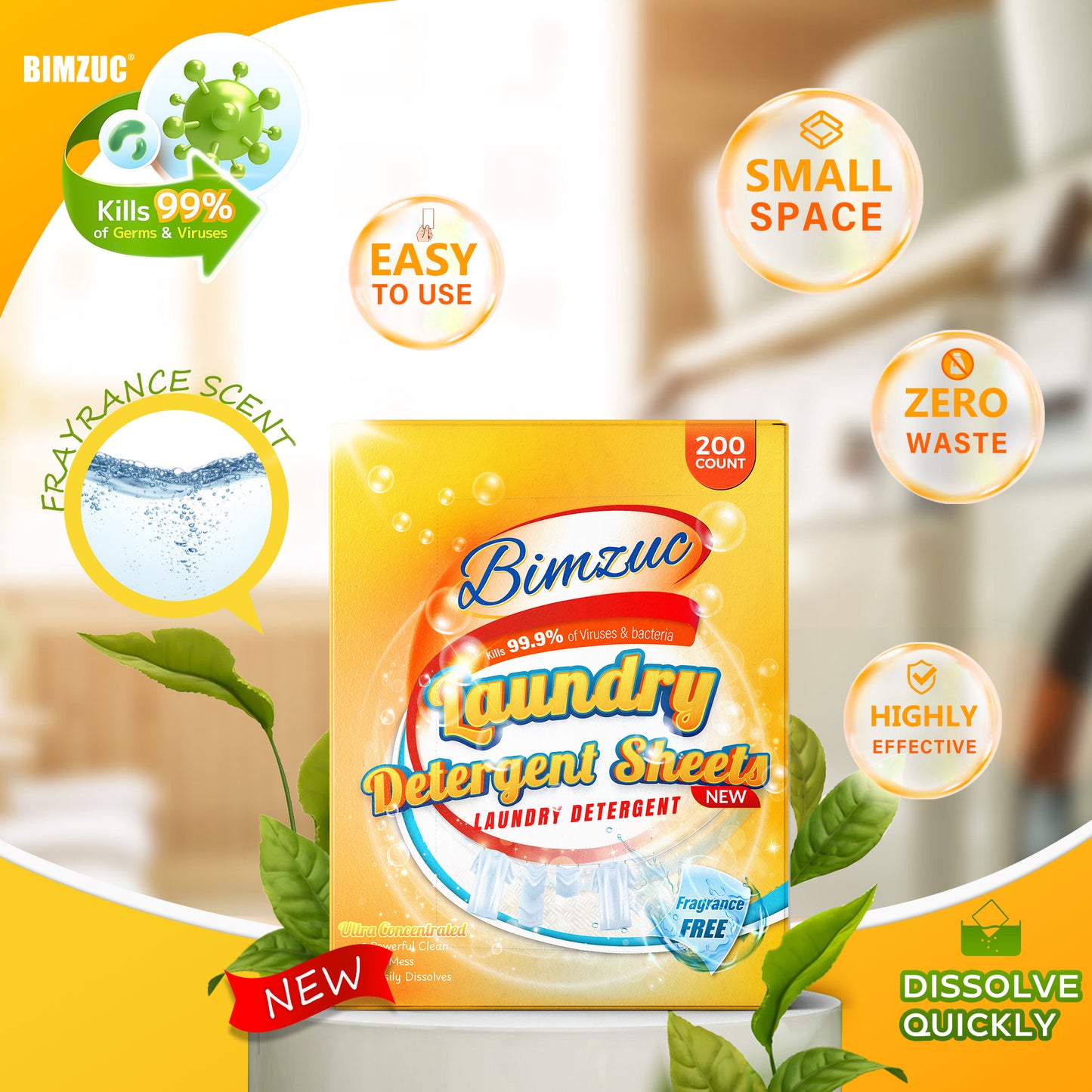 BIMZUC Power Laundry Detergent Sheets 200 ct,up to 400 Small Loads, Eco Ultra-Concentrated Unscente
