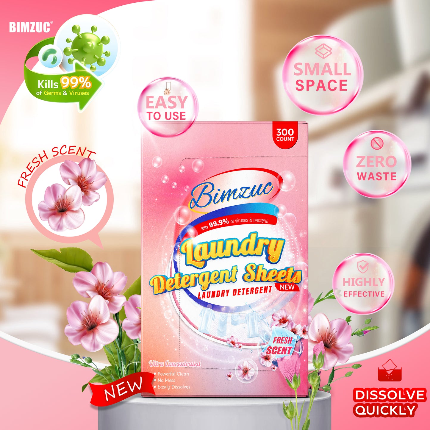 BIMZUC Laundry Detergent Sheets, 300 ct, up to 600 Small Loads, Eco Washing Supplies, Linen Scent