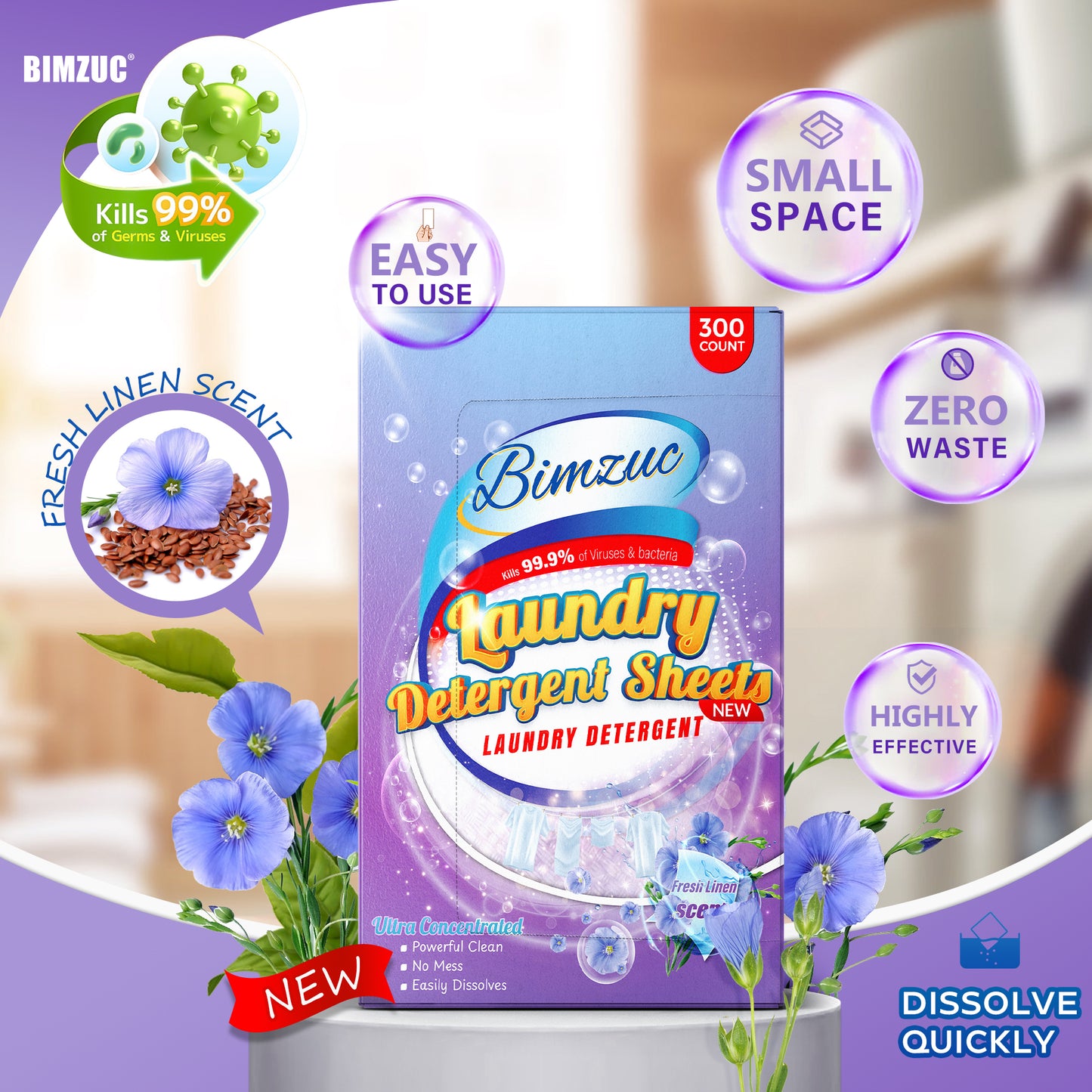 BIMZUC 300 Laundry Detergent Sheets up to 600 Loads, Fresh Linen Scent, Great for Travel