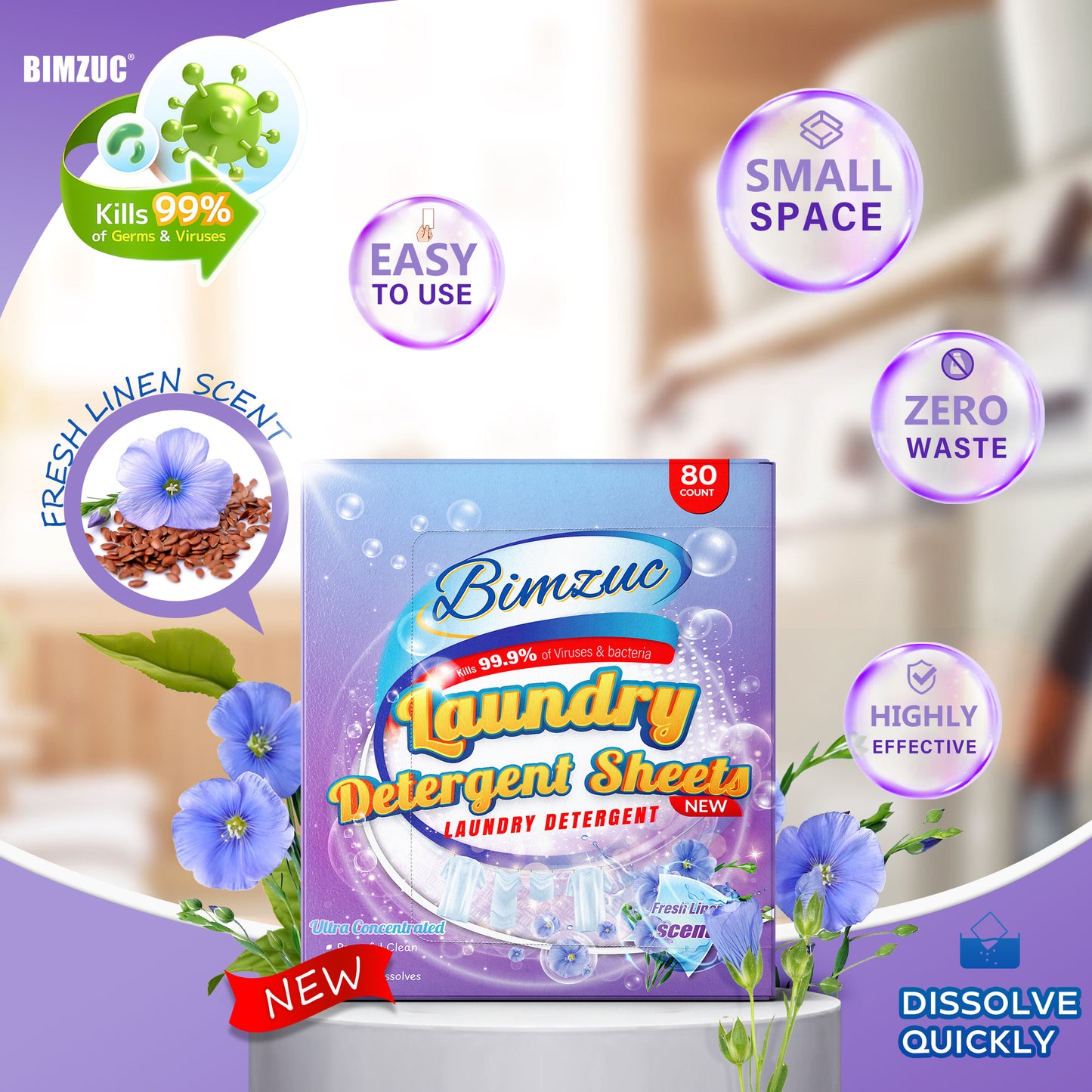 BIMZUC 80 Laundry Detergent Sheets up to 160 Loads, Travel Laundry Detergent- Fresh Linen Scent