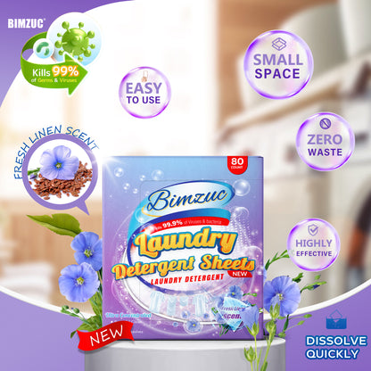 BIMZUC 80 Laundry Detergent Sheets up to 160 Loads, Travel Laundry Detergent- Fresh Linen Scent