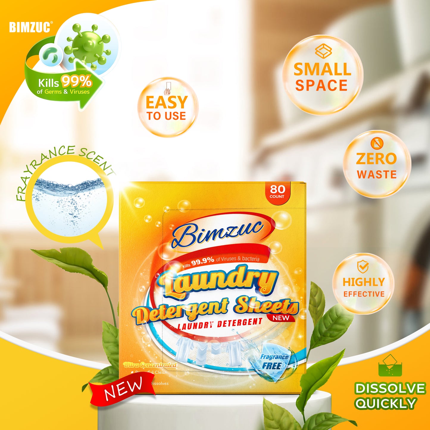 BIMZUC Power Laundry Detergent Sheets 80 ct,up to 160 Small Loads, Eco Ultra-Concentrated Unscented