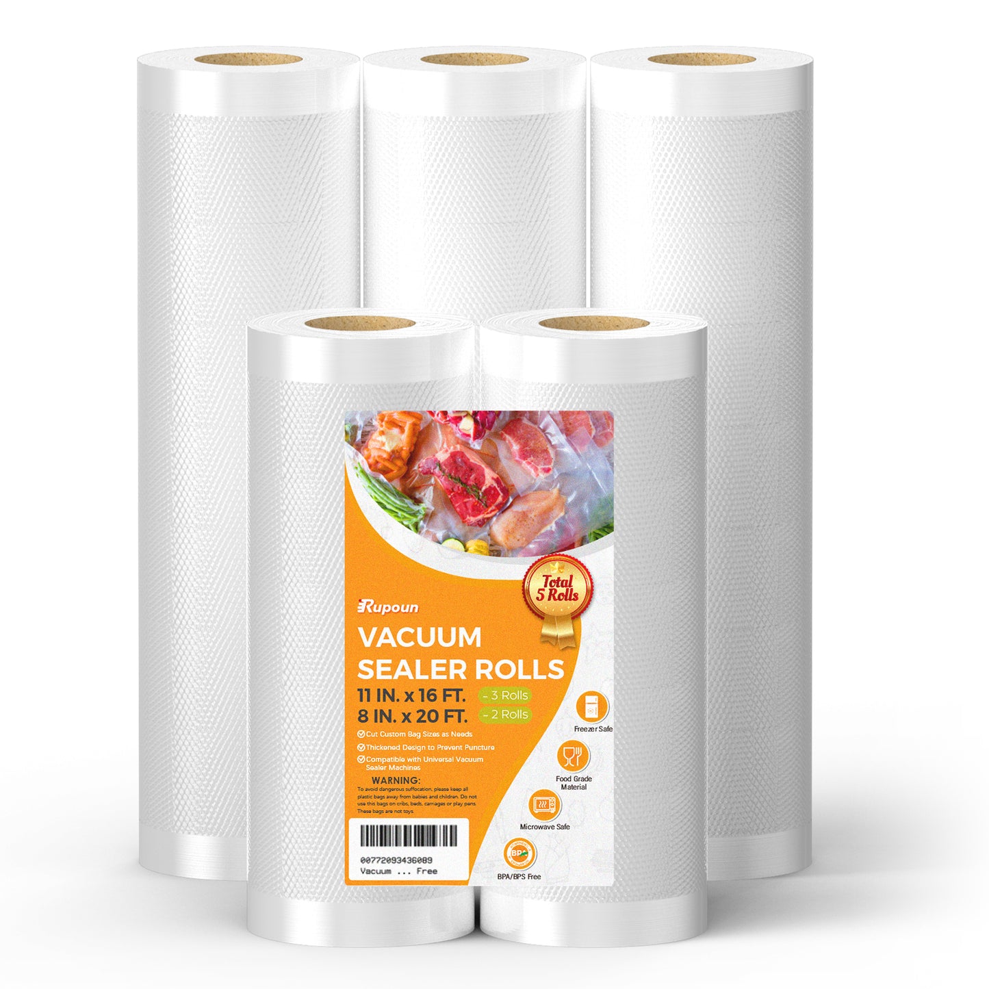 Rupoun 2 Rolls 8" X 20' Vacuum Sealer Bags, Food Storage Seal Bag Rolls for Food, Clear