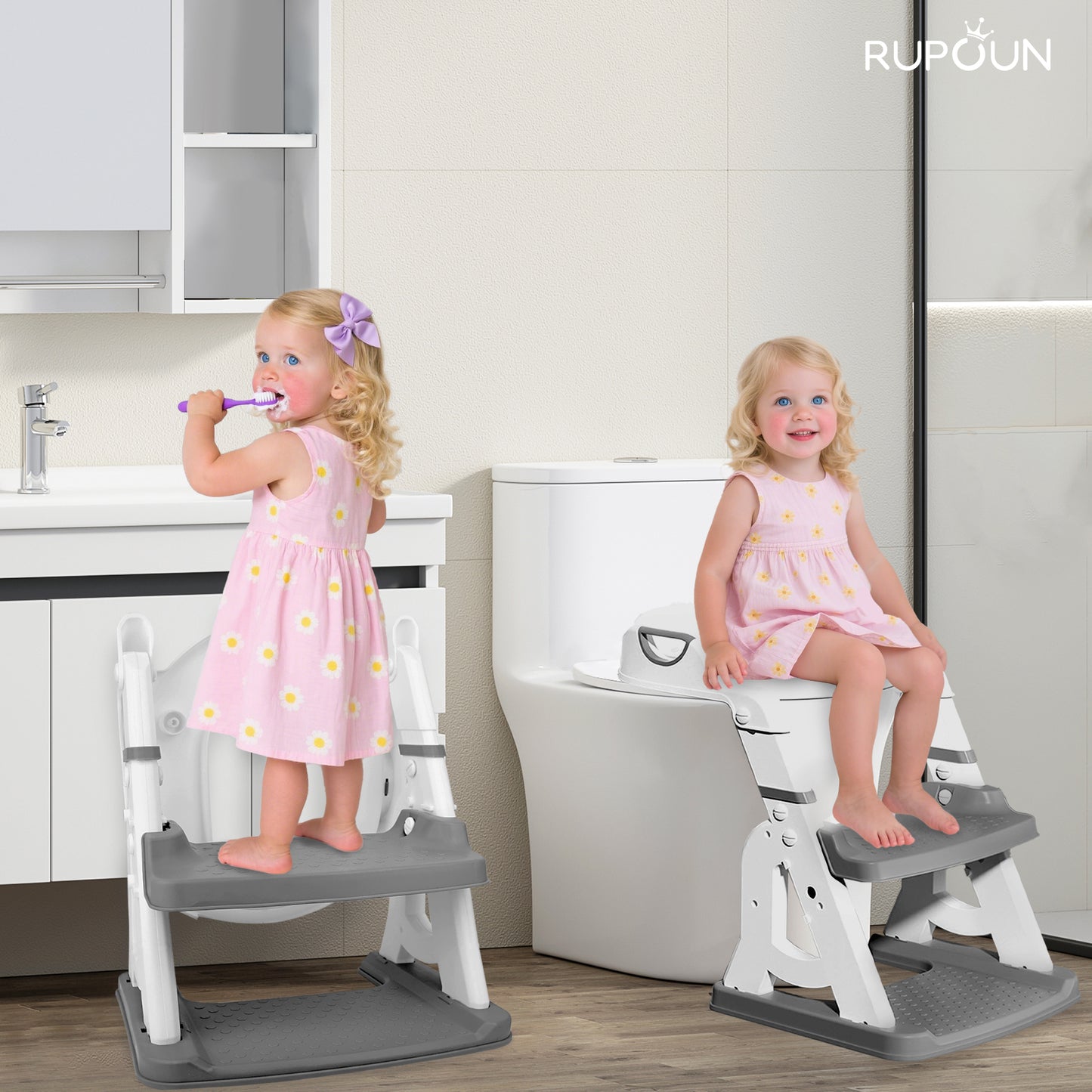 RUPOUN Potty Training Seat 2-in-1 with 2 Step Ladder Foldable and Adjustable Height