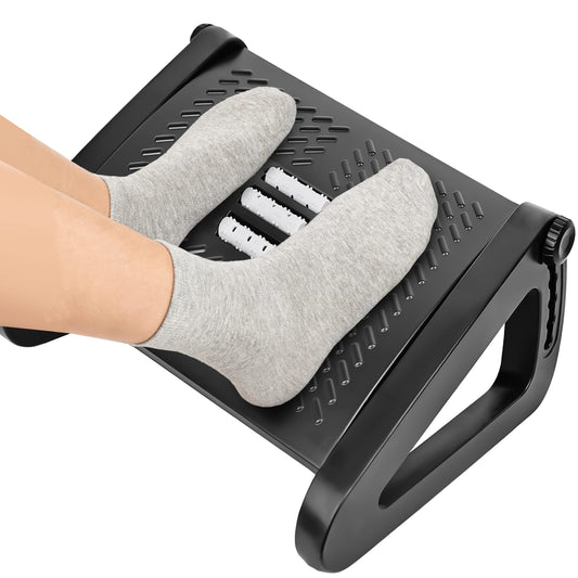 WEENEED Adjustable Ergonomic Foot Rest Under Desk with 6 Heights, Massage Surface & Rollers, Portable Foot Stool for Office, Home & Travel – Black