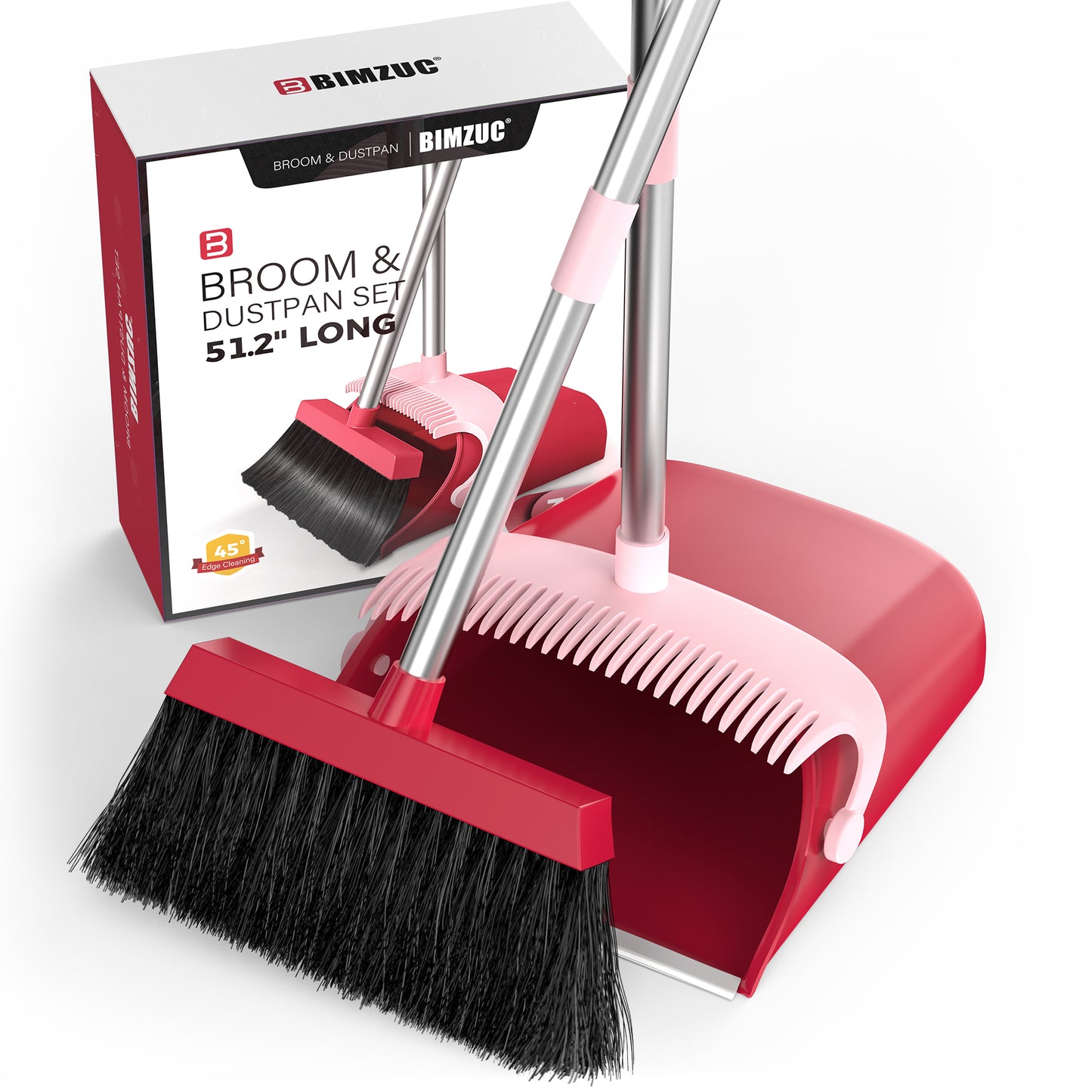 BIMZUC Broom and Dustpan Set for Home, 51" Long Handle Dustpan w/Comb, Broom & Dustpan, Rose Red