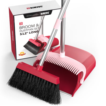 BIMZUC Broom and Dustpan Set for Home, 51" Long Handle Dustpan w/Comb, Broom & Dustpan, Rose Red