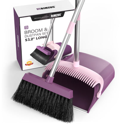 BIMZUC Broom and Dustpan Set for Home, 51" Long Handle Dustpan & Broom W/Comb, Purple Cleaning Kit