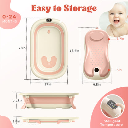 Rupoun Foldable Baby Bathtubs, Collapsible Bathtub for Infant Newborn Boys and Girls, Portable, Plastic, Pink