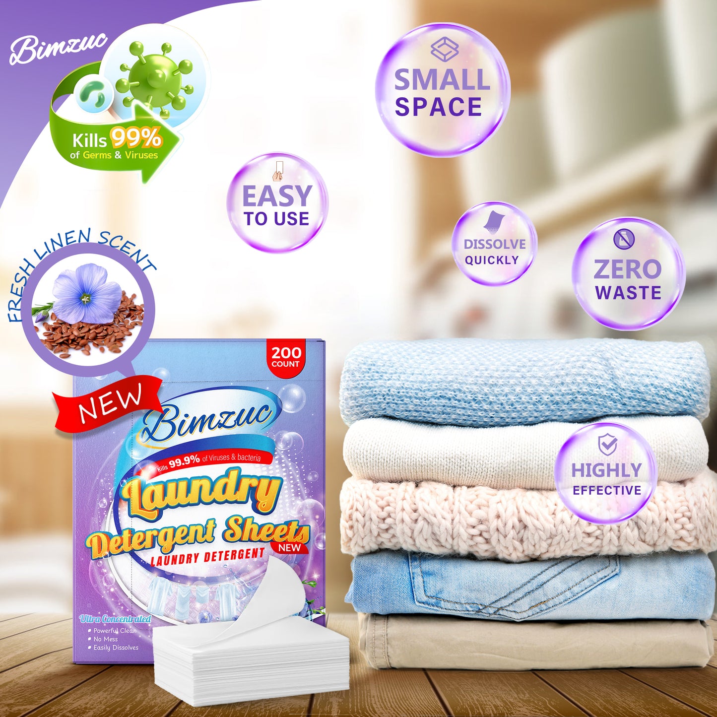 BIMZUC 200 Count Laundry Detergent Sheets up to 400 Loads, Fresh Linen Scent, Great for Travel