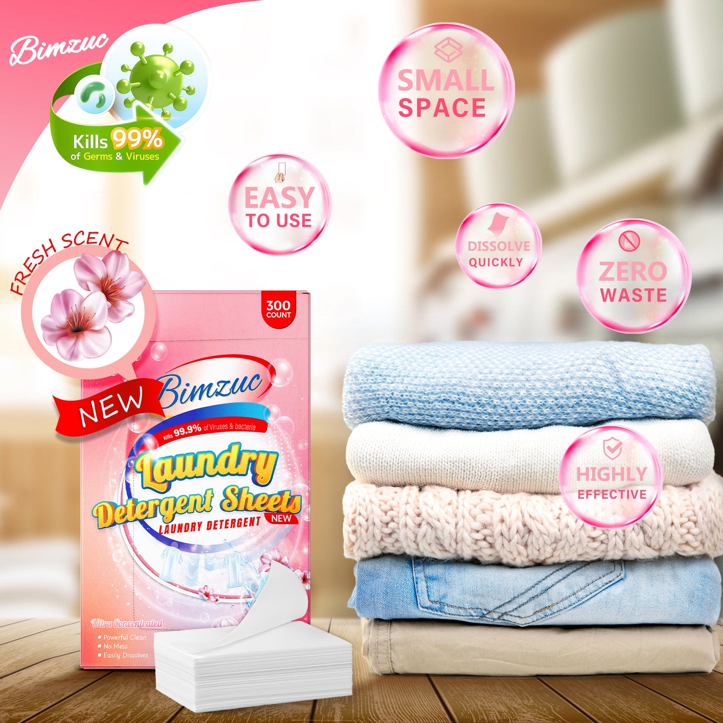 BIMZUC Laundry Detergent Sheets, 300 ct, up to 600 Small Loads, Eco Washing Supplies, Linen Scent