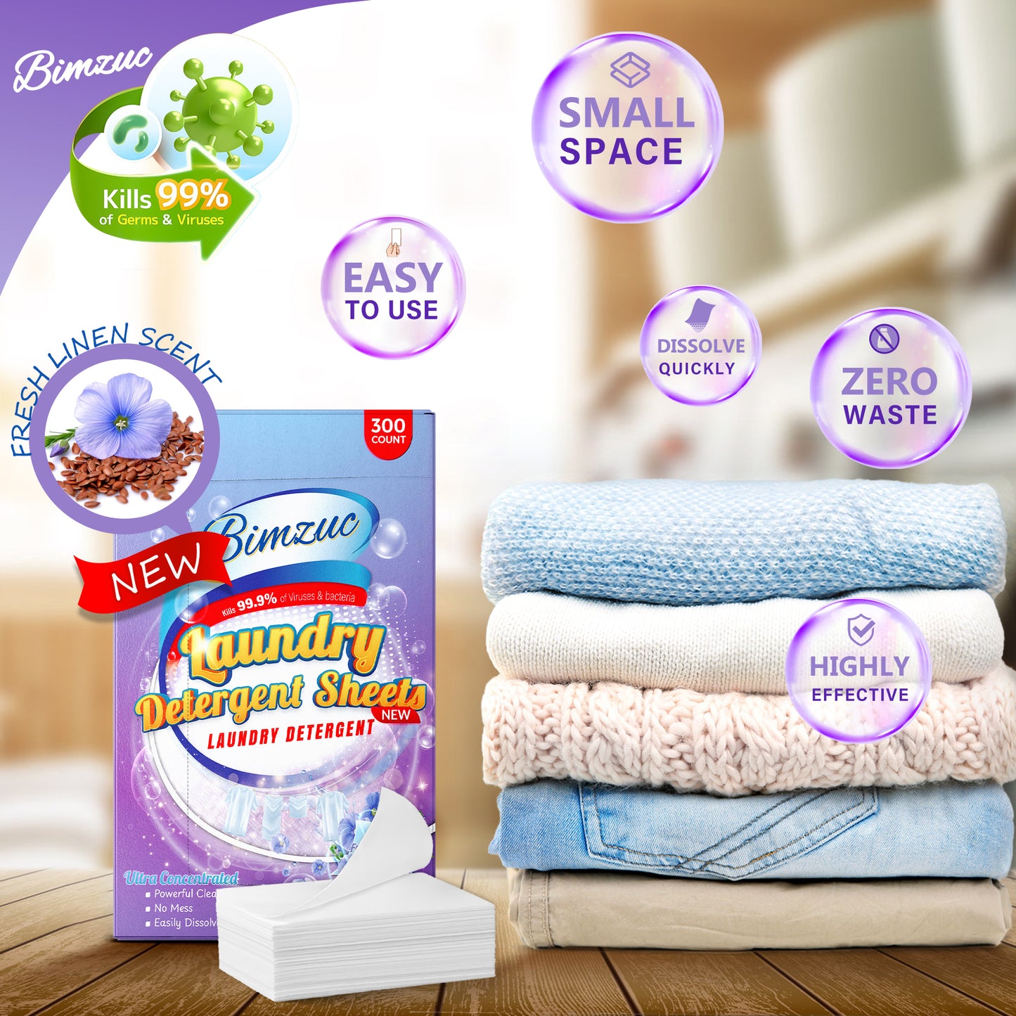 BIMZUC 300 Laundry Detergent Sheets up to 600 Loads, Fresh Linen Scent, Great for Travel