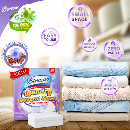 BIMZUC 80 Laundry Detergent Sheets up to 160 Loads, Travel Laundry Detergent- Fresh Linen Scent