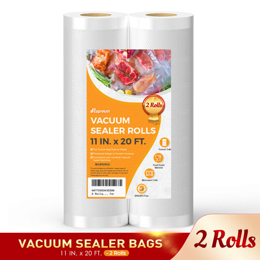 Rupoun 2 Rolls 11"X 20' Vacuum Sealer Bags for Food, Vacuum Seal Rolls Food Storage Bag, Clear