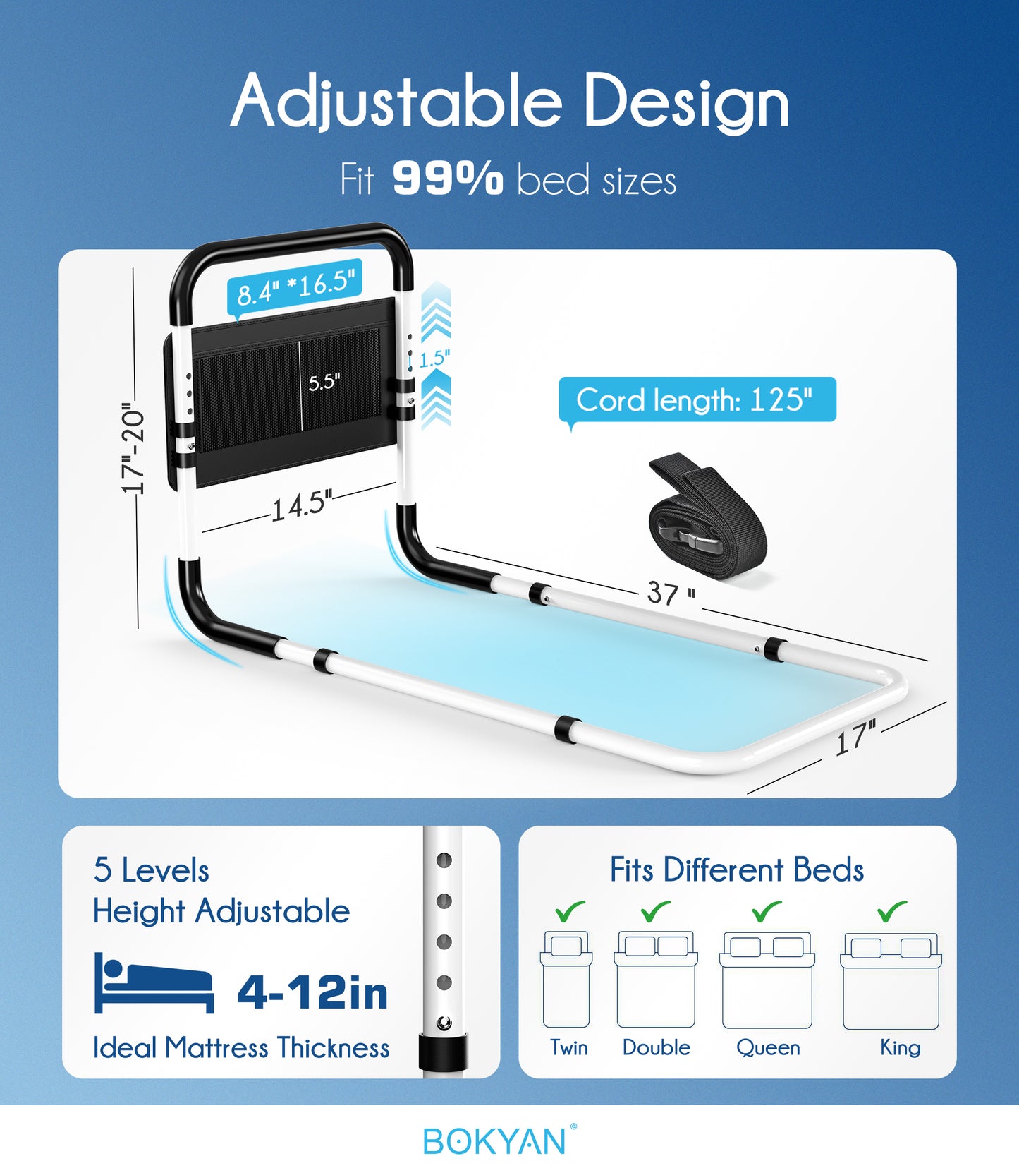 BOKYAN Bed Assist Rail for Seniors, for Elderly Adults Adjustable Safety Guard, with Storage Bag and Fixing Strap