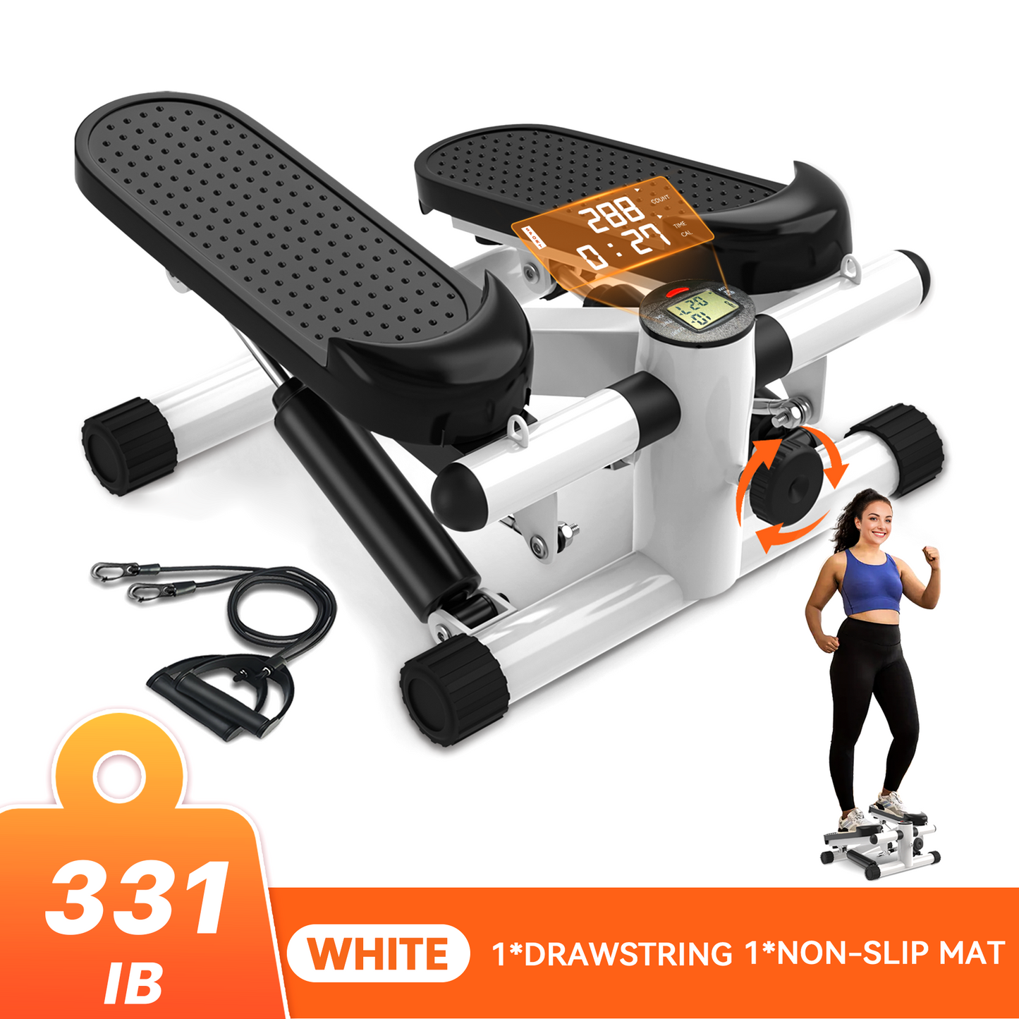 Opmukin Mini Steppers for Exercise, Mute The Sound with Resistance Bands, 331lbs Loading Capacity, Digital Monitor, Optional Twist Motion for Home Fitness - White