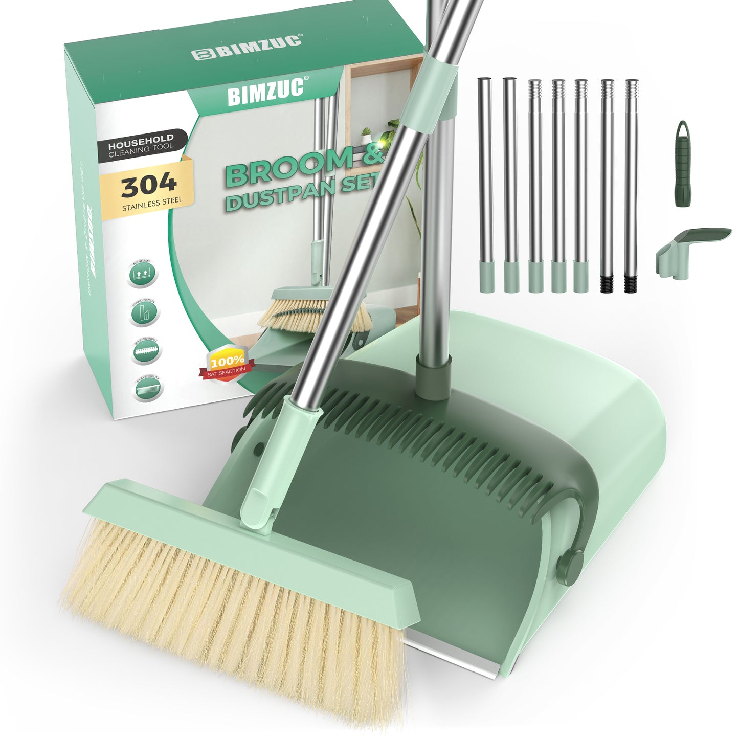 BIMZUC Broom and Dustpan Set for Home, Dustpan & Broom W/Comb, 51" Long Handle, Cyan Cleaning Tools