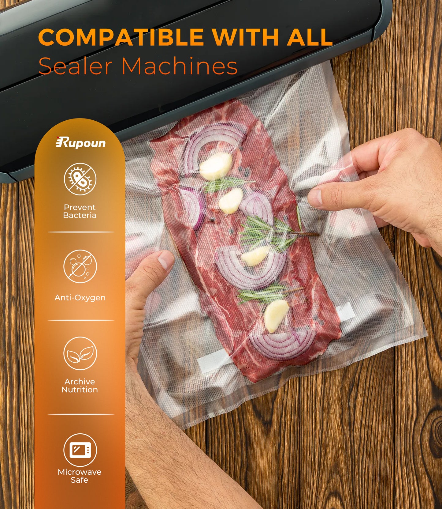 Rupoun 2 Rolls 8" X 20' Vacuum Sealer Bags, Food Storage Seal Bag Rolls for Food, Clear