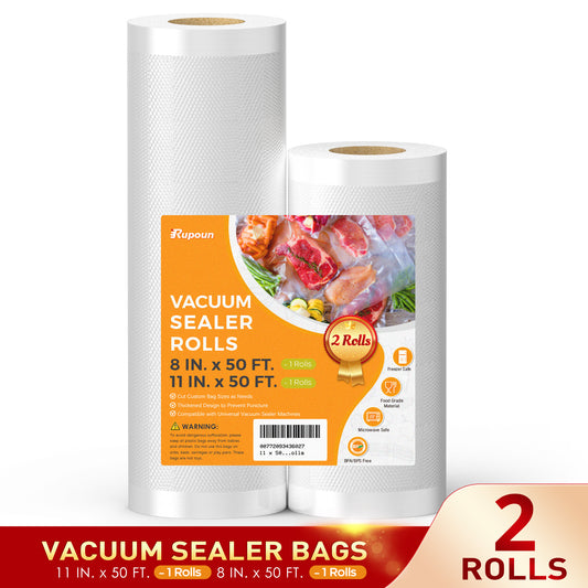 Rupoun Vacuum Sealer Bags for Food 2 Rolls (11" x 50' and 8" x 50'), Disposable Storage Bags for Vacuum Sealing, Clear