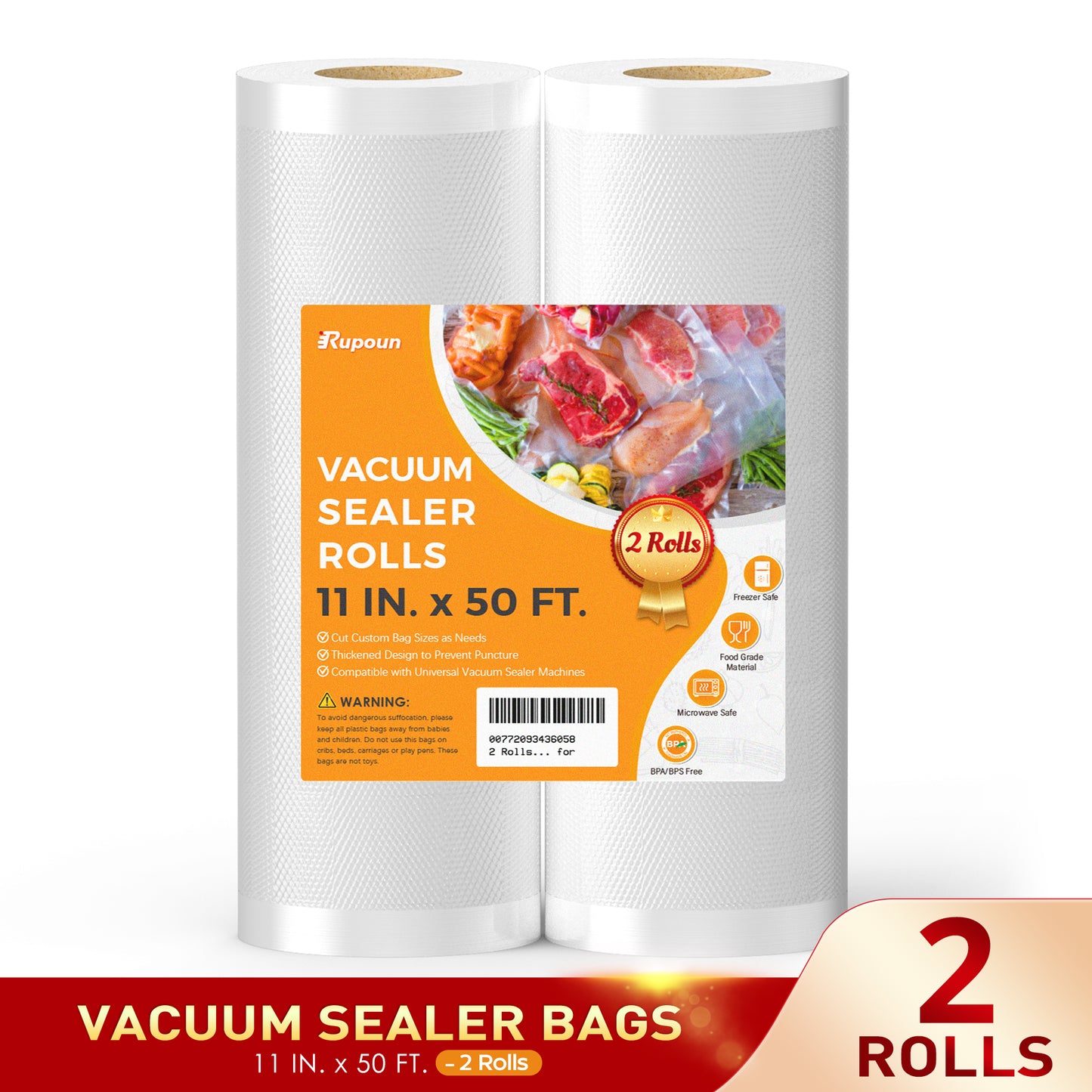 Rupoun Vacuum Sealer Bags for Food, 2 Rolls 11" X 50', Storage Seal Bag Rolls for Food