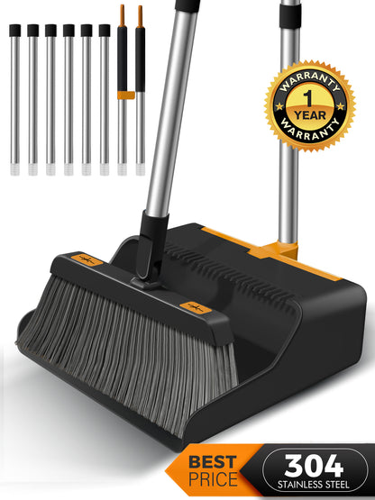 BIMZUC Broom and Dustpan set with 50.4" Long Handle Extension Pole Set for Home (Black+Orange)