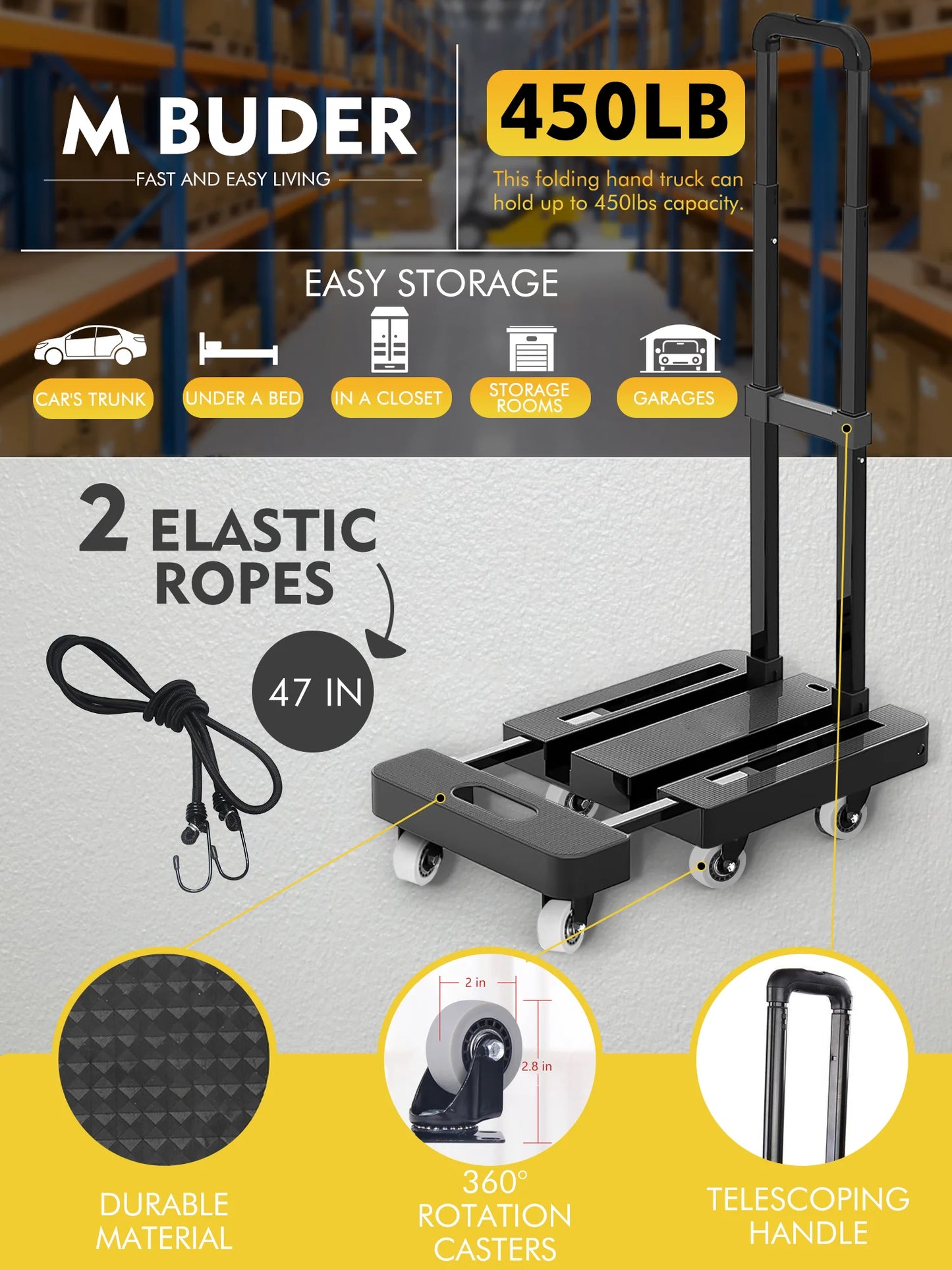 M BUDER Folding Hand Truck, 500 LBS Heavy Duty Dolly Cart, Utility Platform Cart with 6 Wheels for Travel, House, Office, Shopping, Moving Use - Black Folded Size is 11.8 x 17.7”