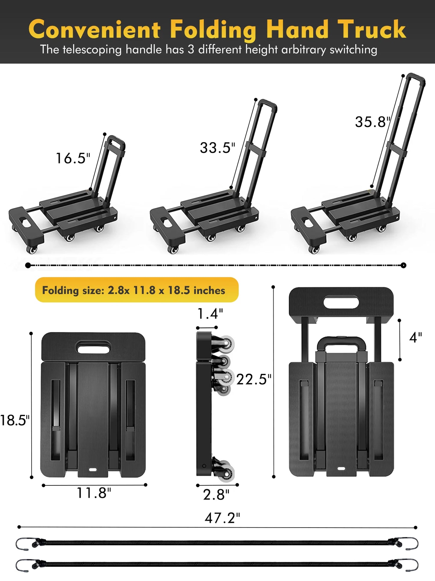 M BUDER Folding Hand Truck, 500 LBS Heavy Duty Dolly Cart, Utility Platform Cart with 6 Wheels for Travel, House, Office, Shopping, Moving Use - Black Folded Size is 11.8 x 17.7”