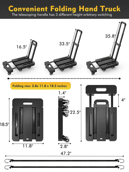 M BUDER Folding Hand Truck, 500 LBS Heavy Duty Dolly Cart, Utility Platform Cart with 6 Wheels for Travel, House, Office, Shopping, Moving Use - Black Folded Size is 11.8 x 17.7”
