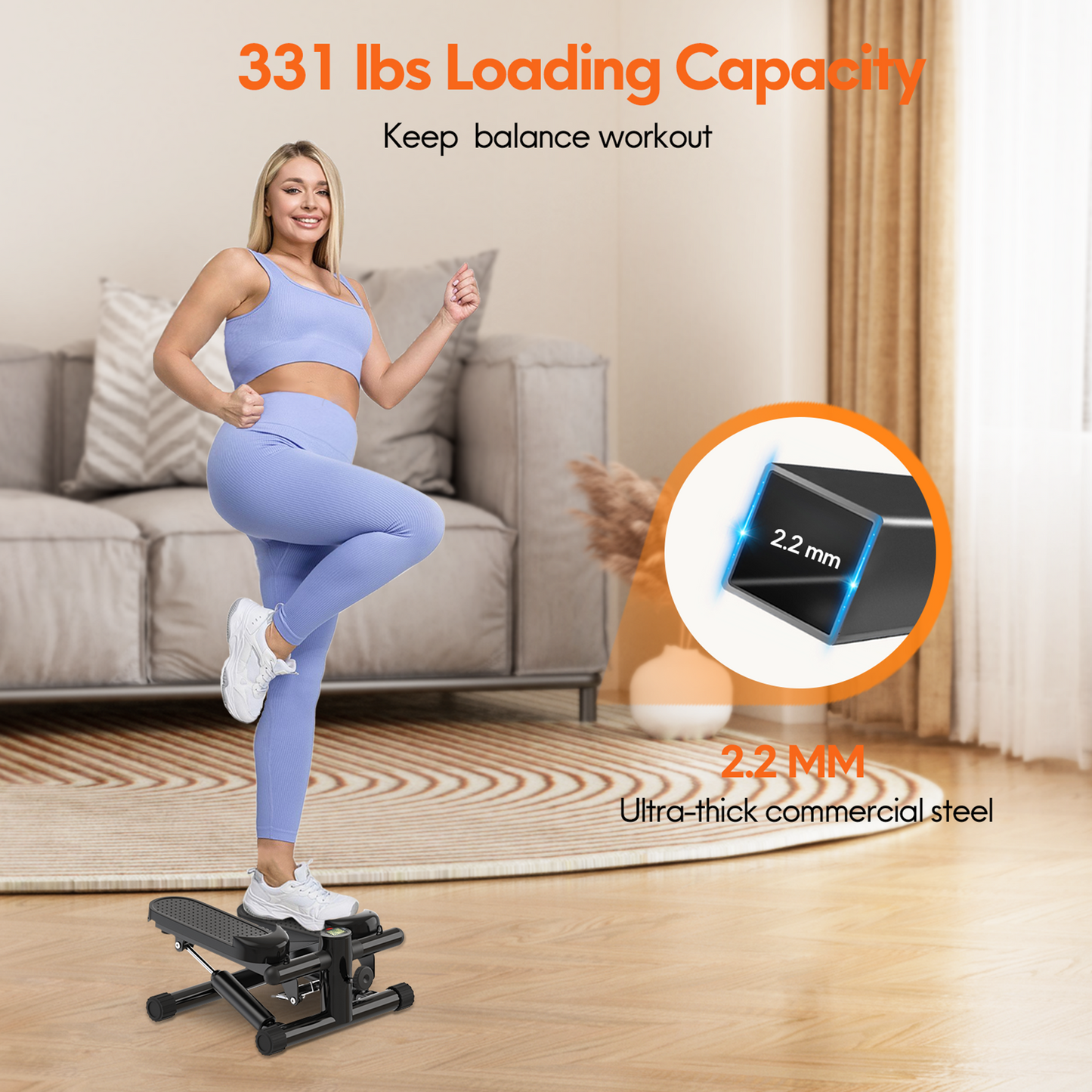 Opmukin Mini Steppers for Exercise, Mute the Sound with Resistance Bands, 331lbs Loading Capacity, Digital Monitor, Optional Twist Motion for Home Fitness - Dark Black